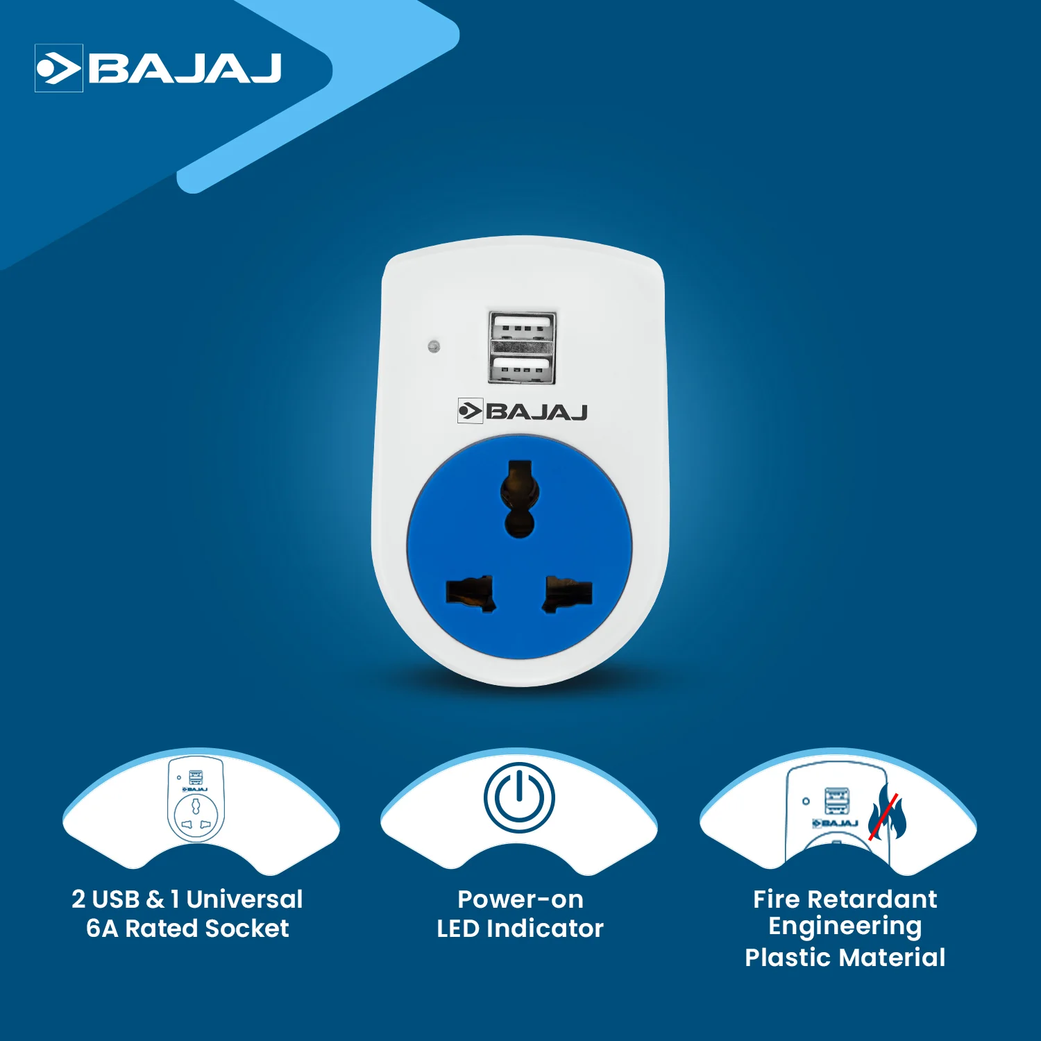 6A 3 PIN UNIVERSAL ADAPTOR WITH 2 USB - Image 4