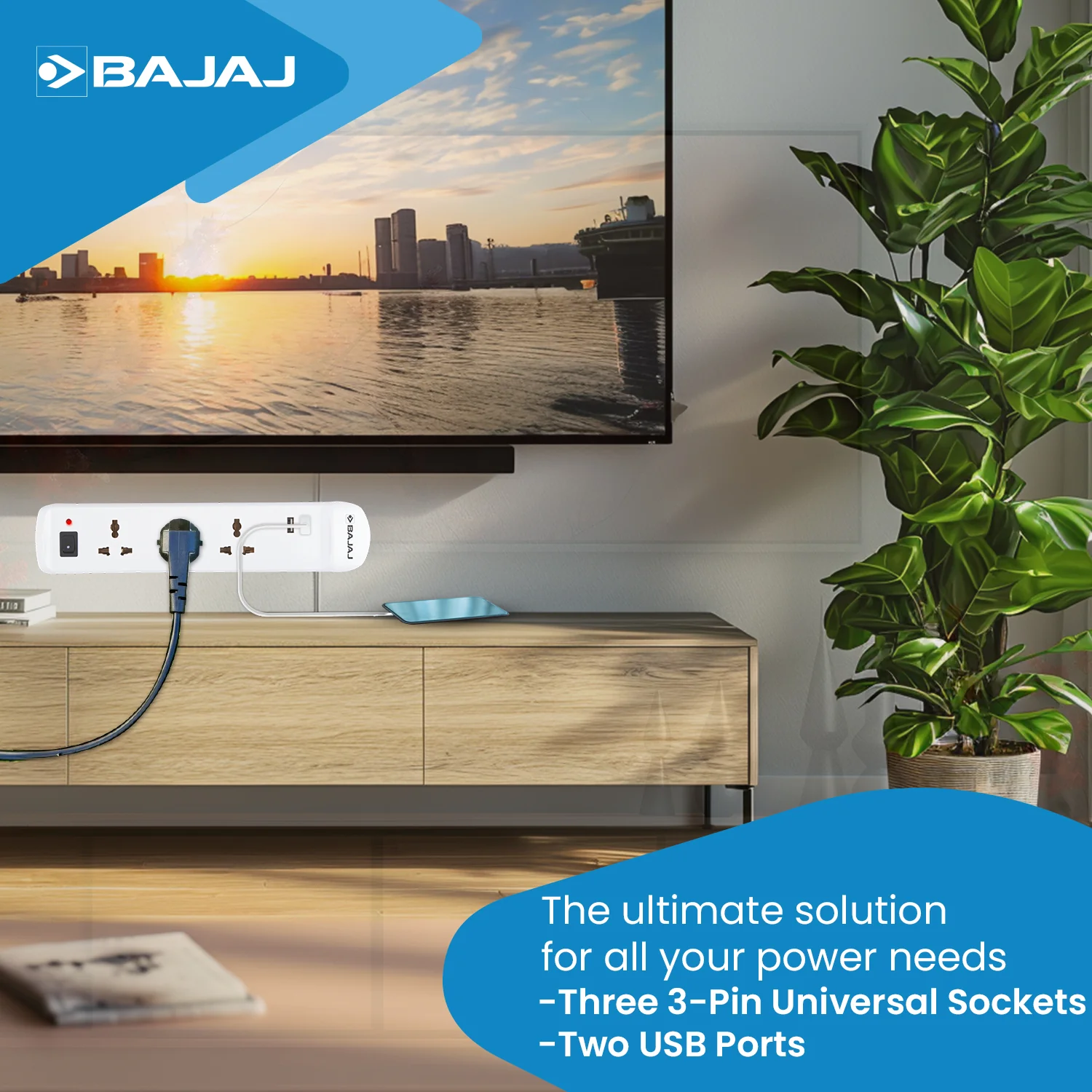 BAJAJ 3 WAY SPIKE AND SURGE GUARD WITH 2 USB - Image 3