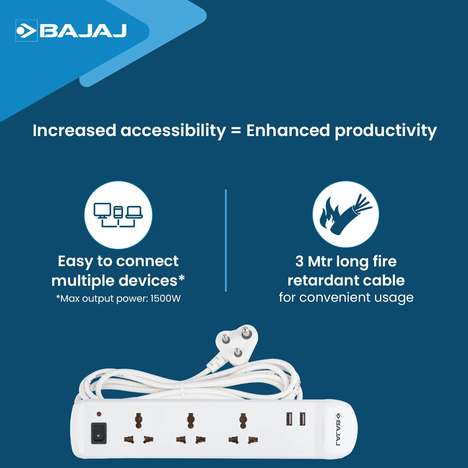 BAJAJ 3 WAY SPIKE AND SURGE GUARD WITH 2 USB - Image 4