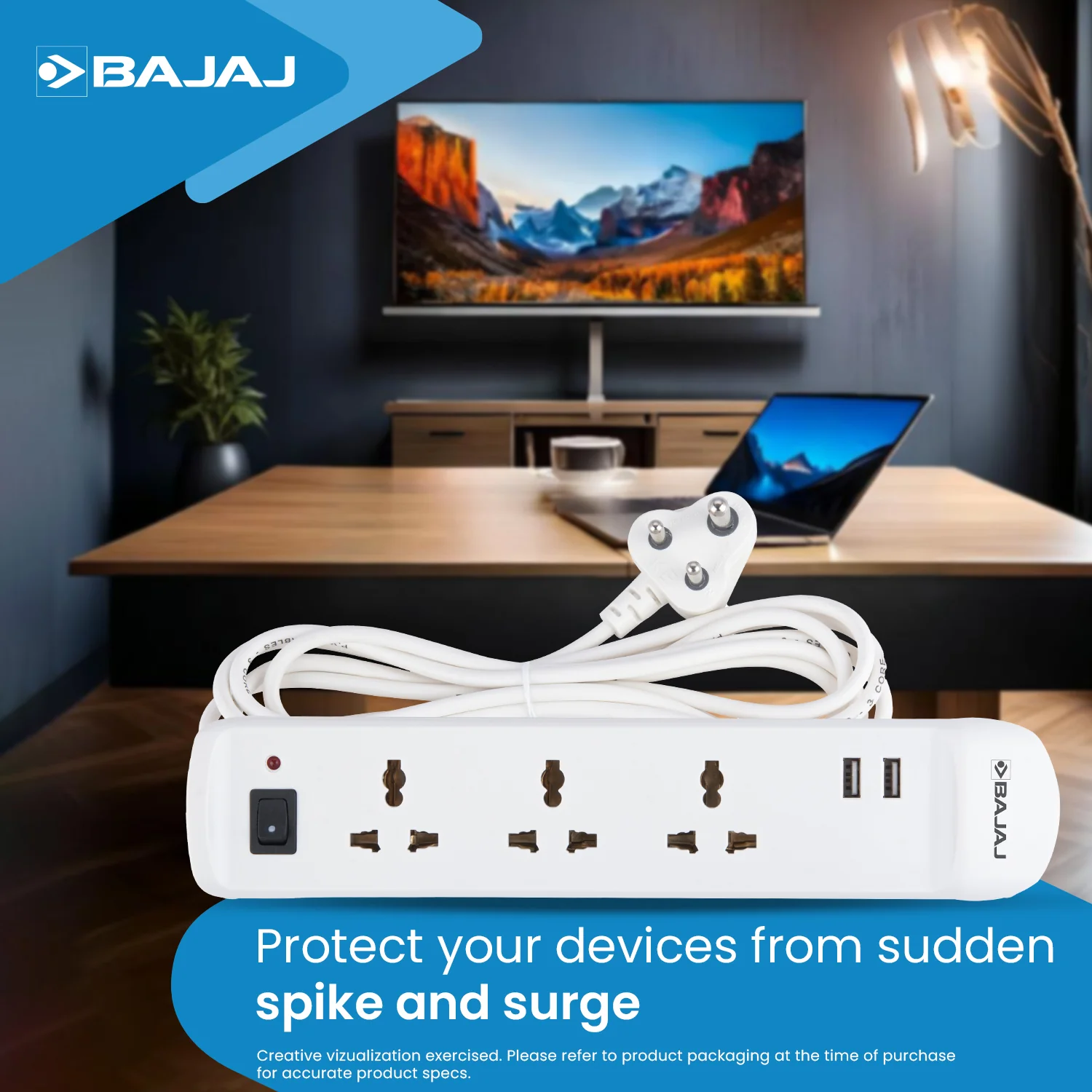 BAJAJ 3 WAY SPIKE AND SURGE GUARD WITH 2 USB - Image 6